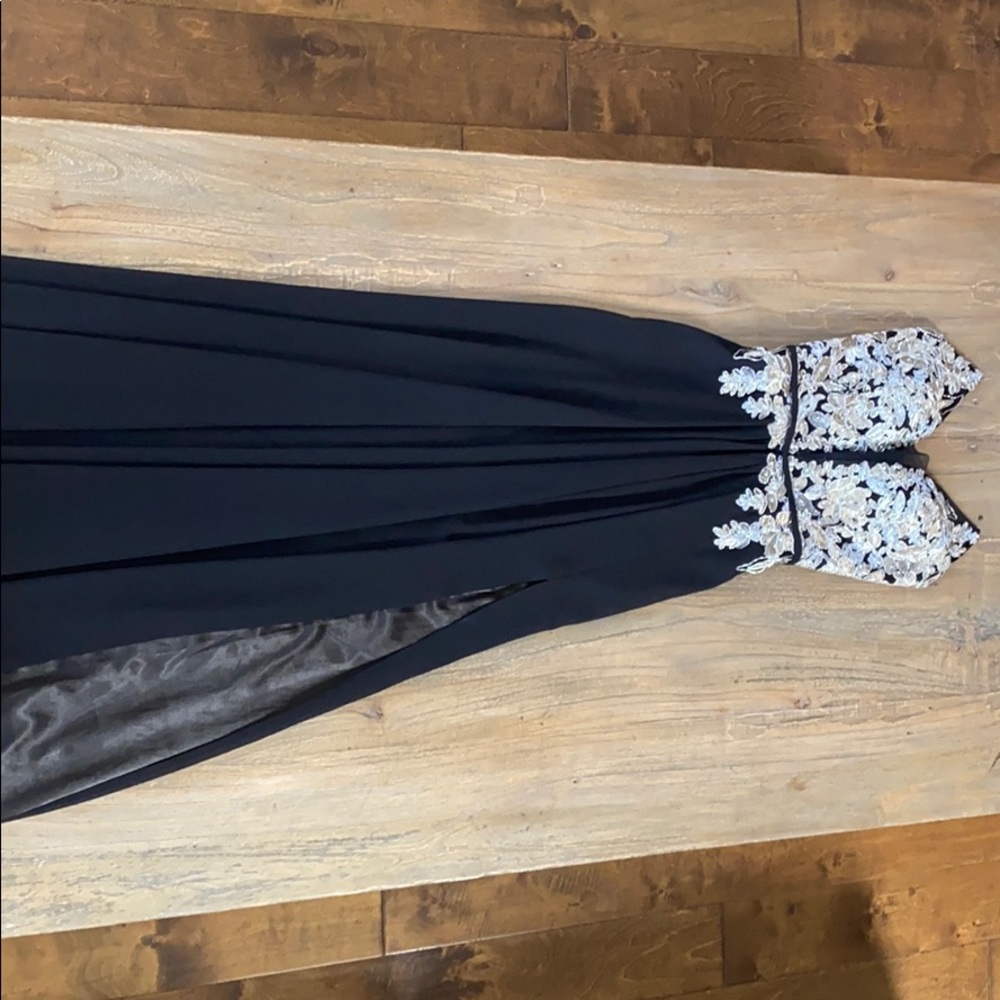 Black maxi dress with silver and gold accents
